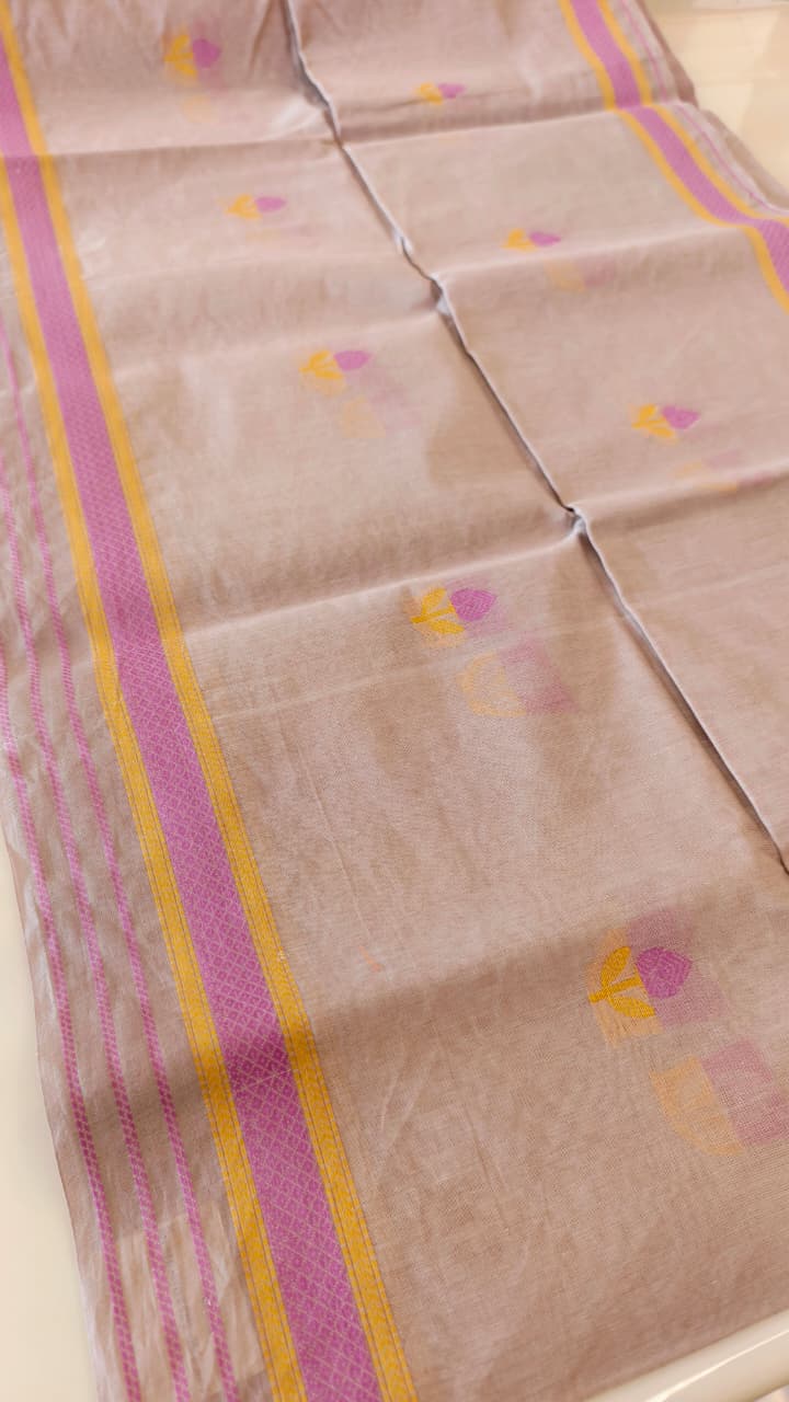 Pastel Blush Pink Pure Cotton Saree with Pink & Golden Floral Motifs and Contrast Border