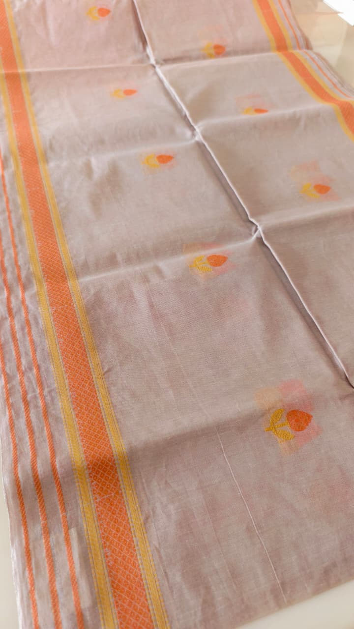 Pure Cotton Beige Saree with Orange Floral Motifs & Contrast Border