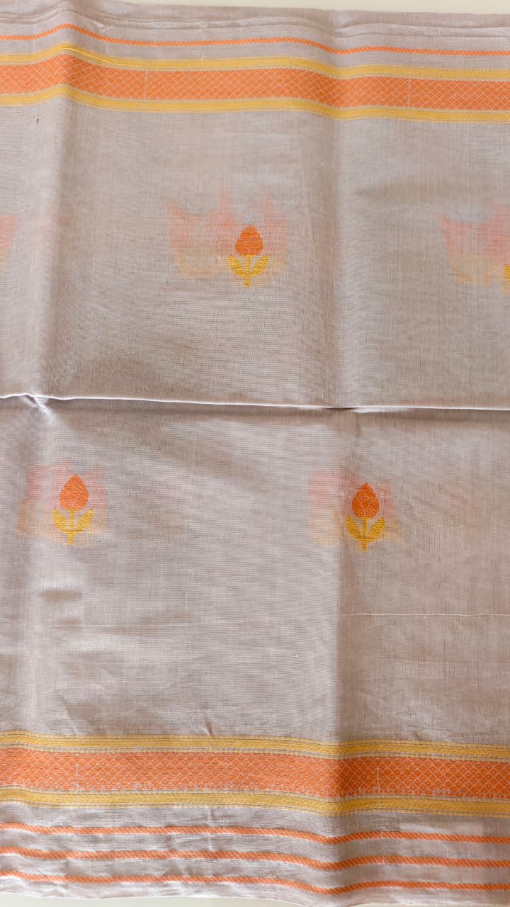 Pure Cotton Beige Saree with Orange Floral Motifs & Contrast Border