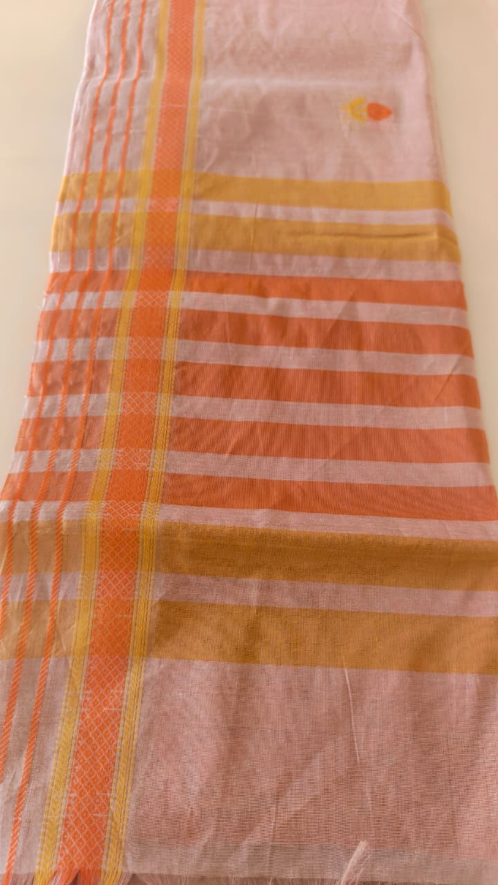 Pure Cotton Beige Saree with Orange Floral Motifs & Contrast Border