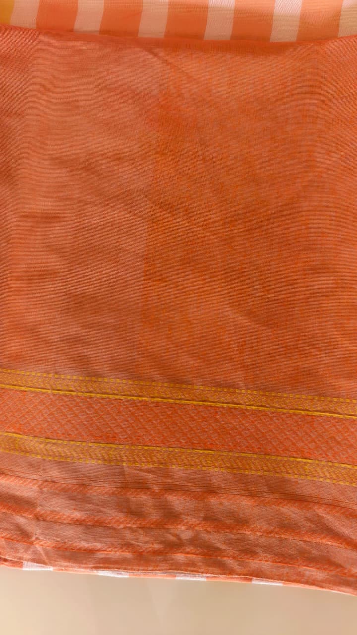 Pure Cotton Beige Saree with Orange Floral Motifs & Contrast Border