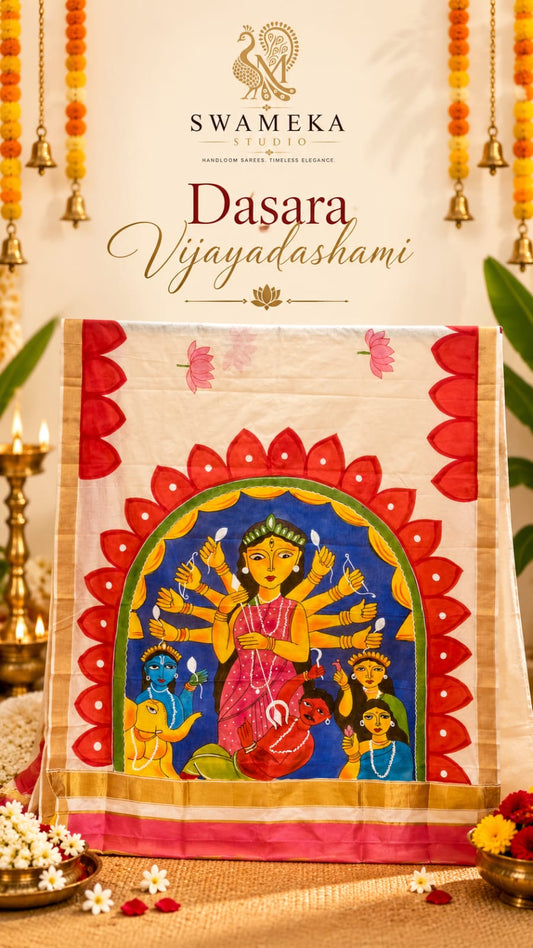 A beautiful hand-painted Durga Parivar design on a cotton saree with contrasting yellow blouse piece
