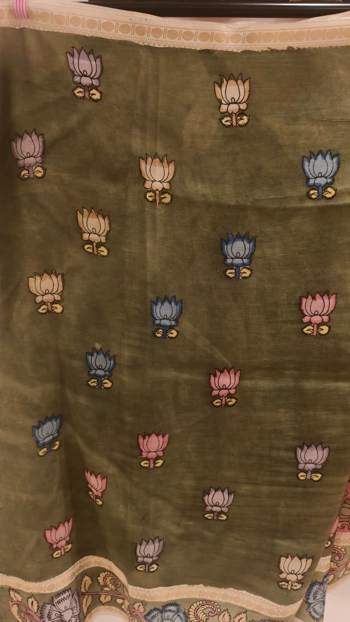 Hand-Painted Kalamkari on Bangalore Silk – Sacred Cow & Calf Motif