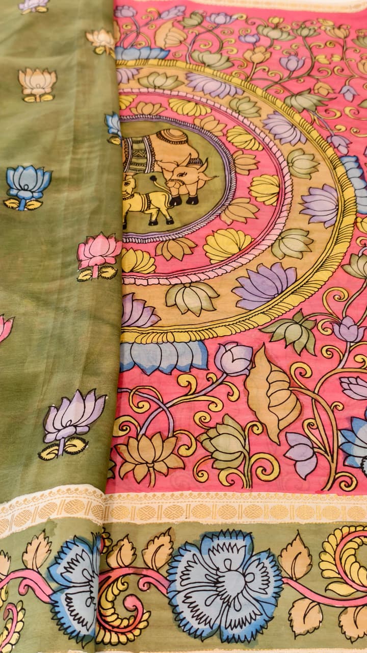 Hand-Painted Kalamkari on Bangalore Silk – Sacred Cow & Calf Motif