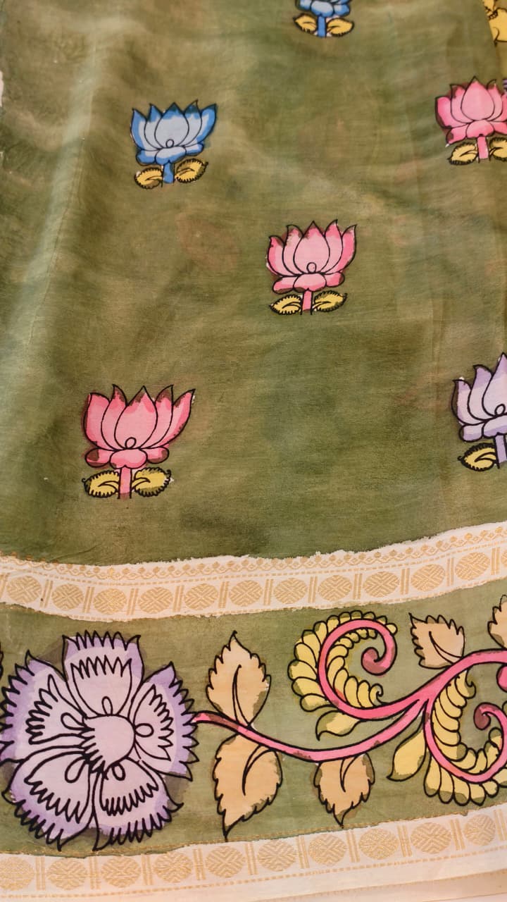Hand-Painted Kalamkari on Bangalore Silk – Sacred Cow & Calf Motif