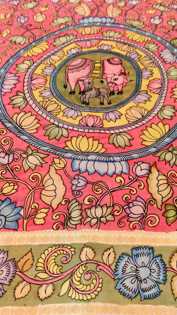 Hand-Painted Kalamkari on Bangalore Silk – Sacred Cow & Calf Motif