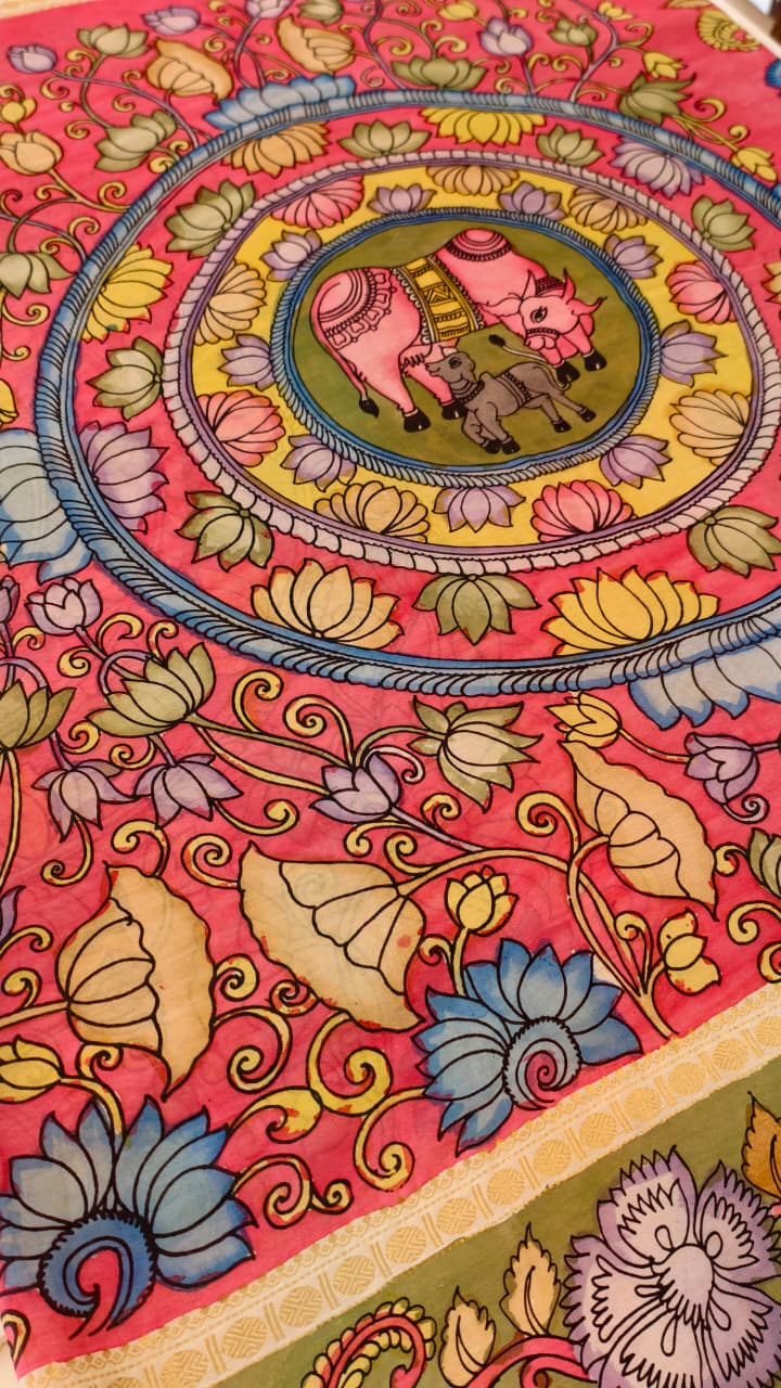 Hand-Painted Kalamkari on Bangalore Silk – Sacred Cow & Calf Motif