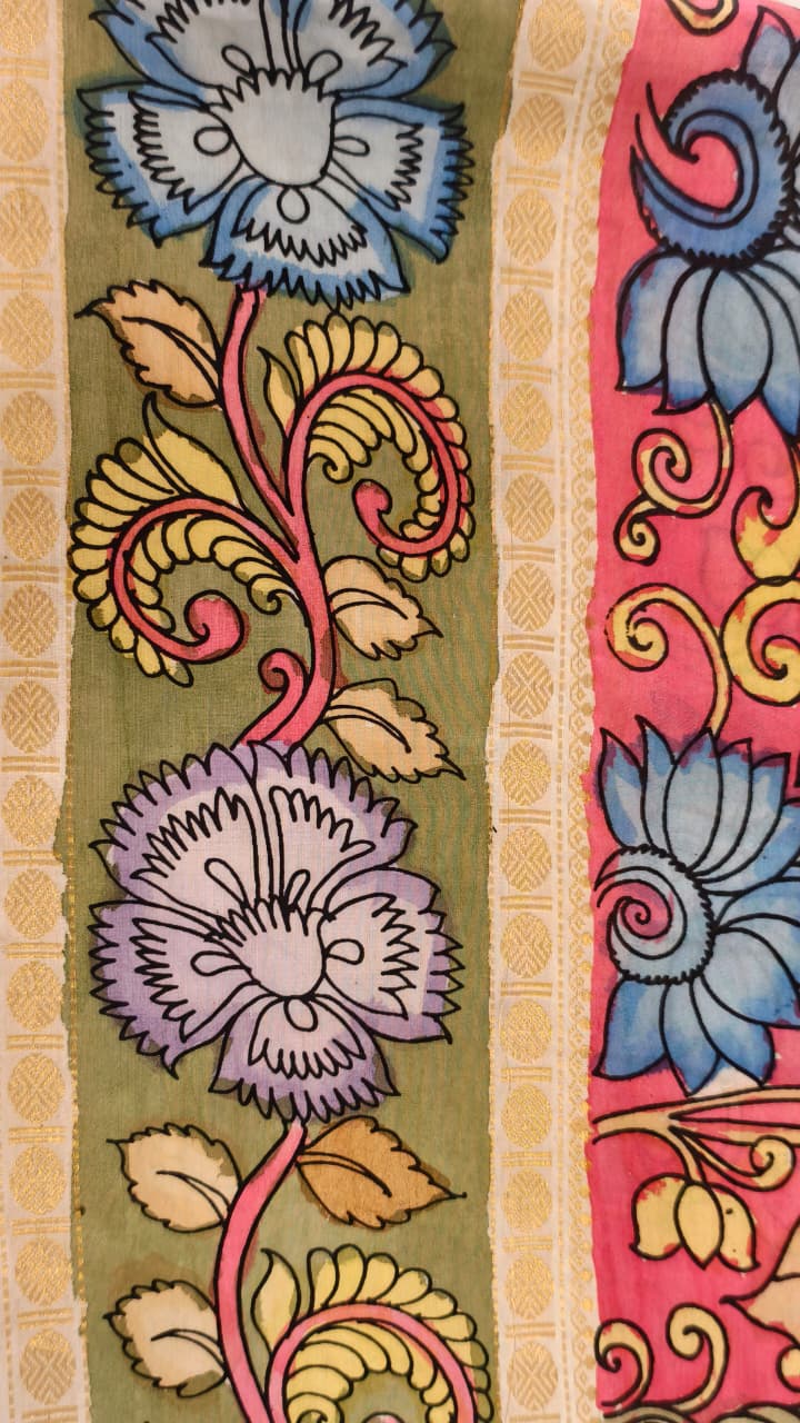 Hand-Painted Kalamkari on Bangalore Silk – Sacred Cow & Calf Motif